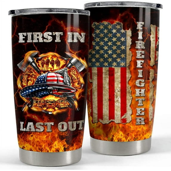 Firefighter Tumbler American Flag 20oz Tumblers with Lid Gift for Firemen Fire Department Dad Men Father Graduation Retirement