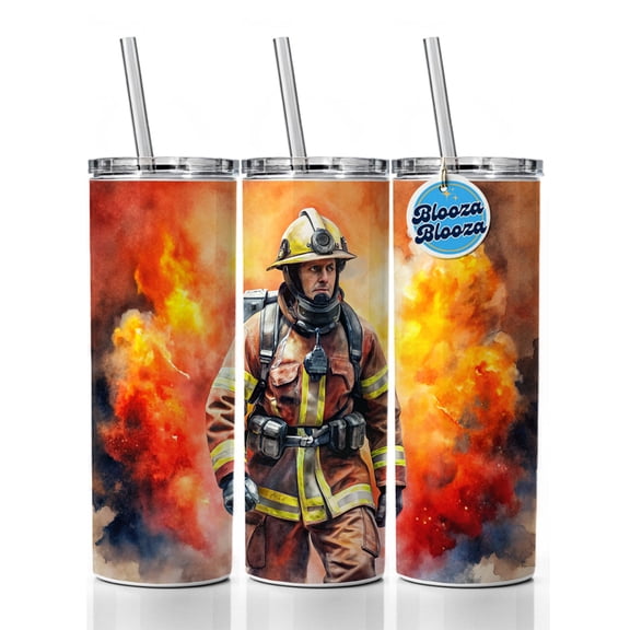 Firefighter Walking Out of Flames Watercolor 20oz Insulated Water Bottle Skinny Tumbler Includes Straw
