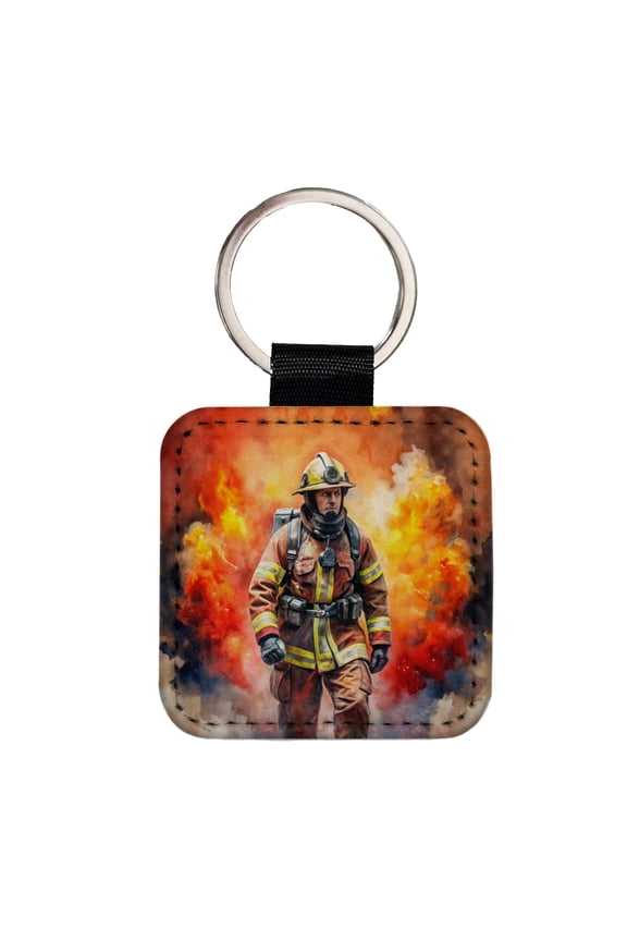 Firefighter Walking Out of Flames Watercolor Faux Leather Square Keychain