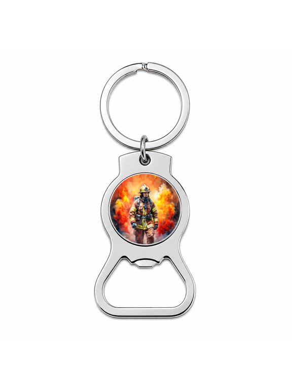 Firefighter Walking Out of Flames Watercolor Portable Bottle Opener Metal Keychain
