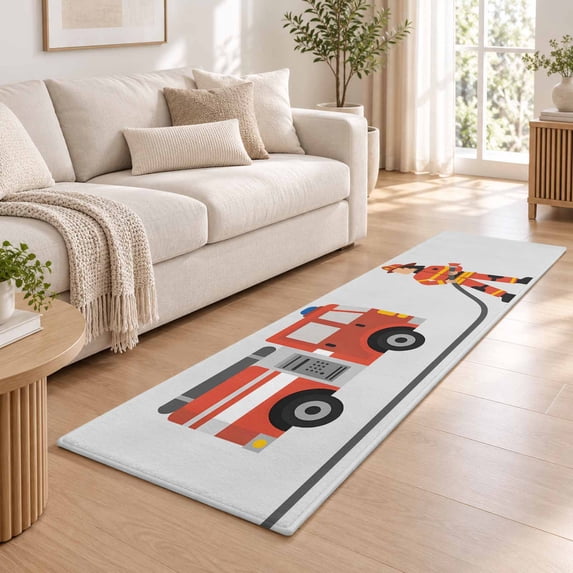 Firefighter Washable Runner Rug 2.6x10, Carton Fireman in Uniform Red ...