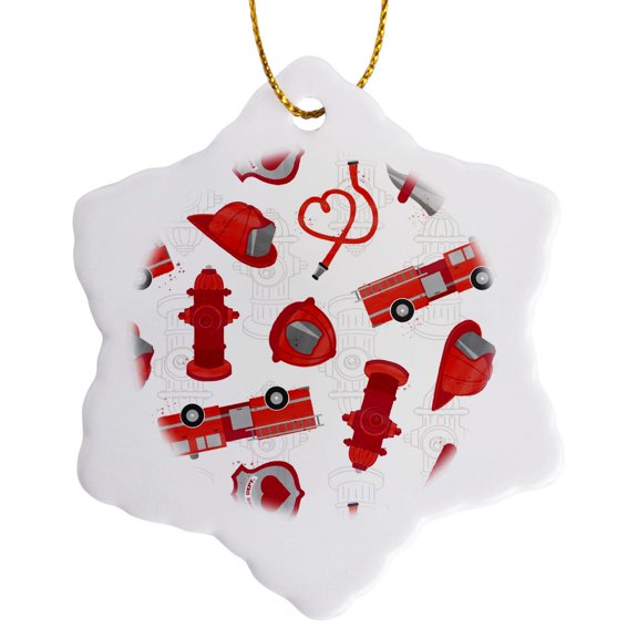 3drose, Firefighter Watercolor Pattern, 3 inch Snowflake Porcelain Ornament