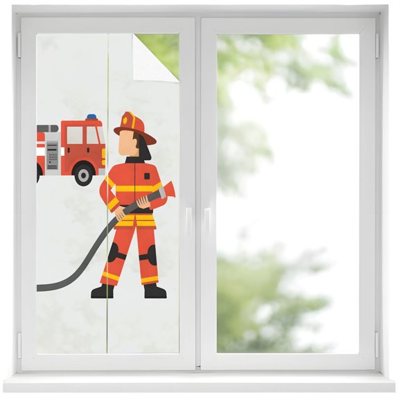 Firefighter Window Privacy Film 19.6x39.3in Carton Fireman in Uniform Red Fire Truck Grey Decorative Window Film with Static Cling, UV Filtering Window Cling Privacy Film for Glass Doors and Windows