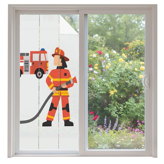 Firefighter Window Privacy Film 35.4x78.7in Carton Fireman in Uniform Red Fire Truck Grey Decorative Window Film with Static Cling, UV Filtering Window Cling Privacy Film for Glass Doors and Windows