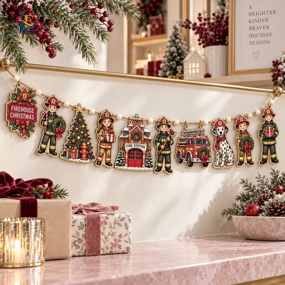 Firefighter Wooden Christmas Garland Fire Truck Station and Dalmatian ...