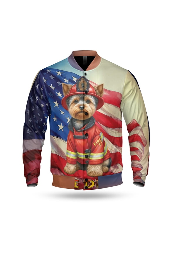 Firefighter Yorkshire Terrier Hero Rescue Fire Dept Fireman USA Flag All Over Print 3D Baseball Jacket Yorkie Dog Lover Gifts Bomber Jacket Softball - 02026