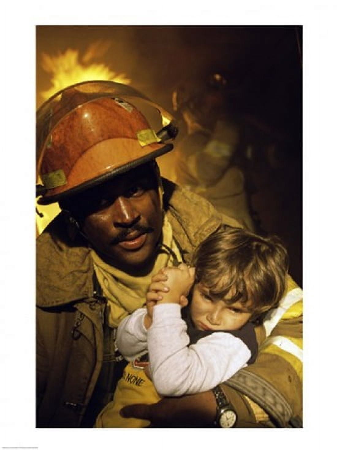 Firefighter carrying a boy Canvas Art - (18 x 24)