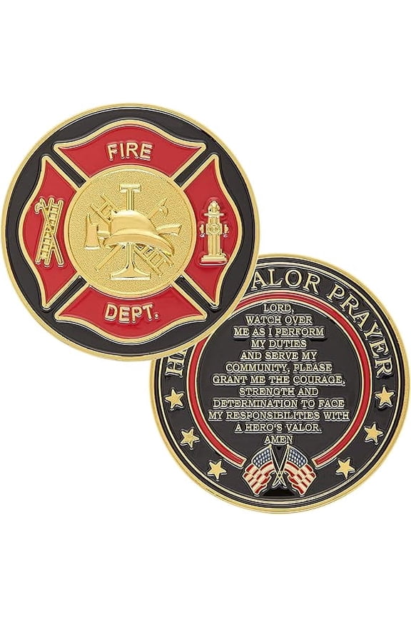 Firefighter's Badge Challenge Coin with Hero's Valor Prayer 1-Pack (Single Coin)