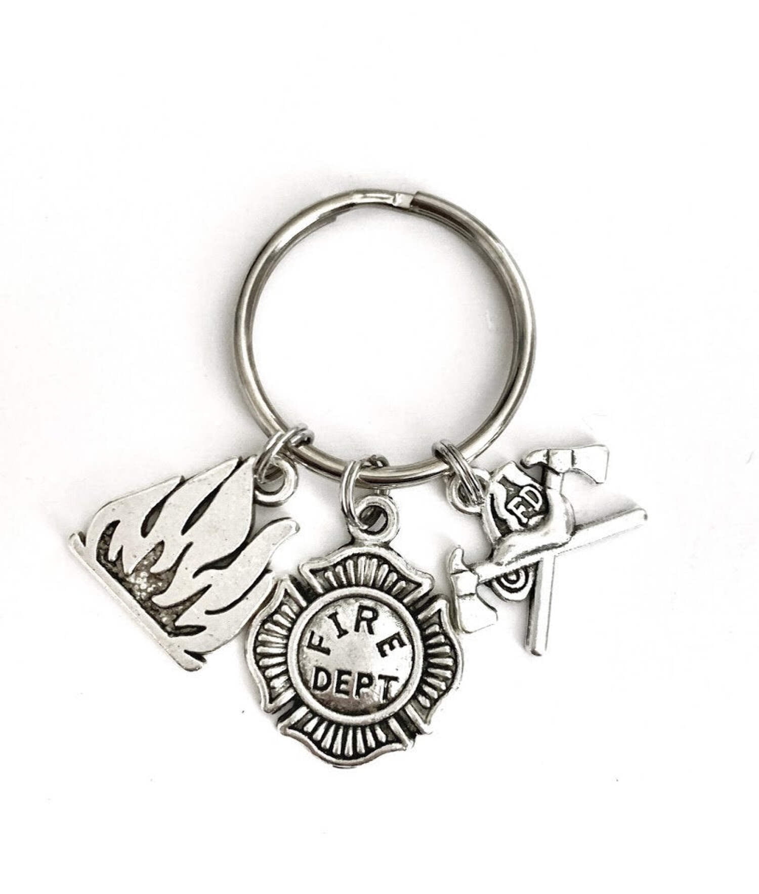 Firefighter themed keychain. Includes Flame, Fire Department badge, and ...
