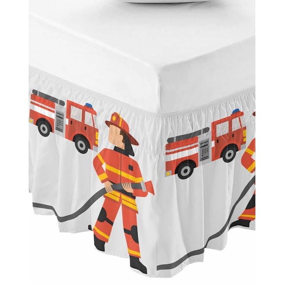 Firefighters Bed Skirt Queen Size 18 Inch Drop, Wrap Around Bed Skirts, Cartoon Red Uniform Fire Truck Grey Elastic Bedskirt Pleated Bed Frame Cover Luxurious Dust Ruffle for Queen Bed