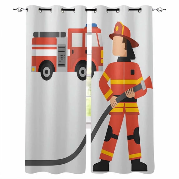 Firefighters Blackout Curtains for Bedroom Living Room Darkening Curtains 84 Inch Length 2 Panels Set Cartoon Red Uniform Fire Truck Grey Window Curtain Window Treatment Grommet Drapes 42"x84"