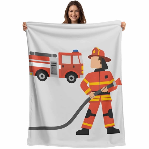 Firefighters Blanket Soft Cozy Warm Throw Blanket for Couch, Plush Fuzzy Flannel Fleece Blankets for Sofa, Cartoon Red Uniform Fire Truck Grey Bed Blankets Lightweight Gifts for Women, 30"x40"