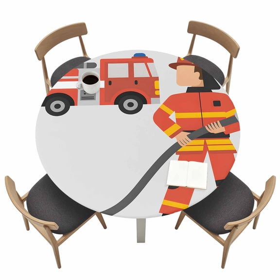 Firefighters Fitted Tablecloth with Elastic Edged, Round Table Cloth for Dining Table, Cartoon Red Uniform Fire Truck Grey Waterproof Oil Proof Table Cover for Indoor Outdoor 55"-60"