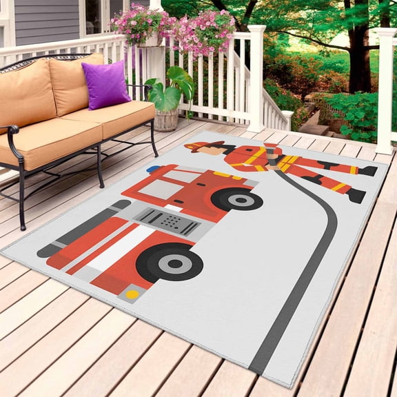 Firefighters Outdoor Rug 3x5 Ft, Non Slip Washable Area Rug, Cartoon Red Uniform Fire Truck Grey Patio Rugs Carpet Runner, Large Floor Mat for Indoor/Outdoor Deck Porch Camping
