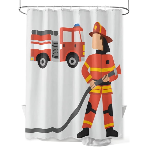 Firefighters Shower Curtain 72"W x 72"L Carton Fire Truck Fabric Shower Curtains Set with Hooks Water Repellent Bathroom Curtains Machine Washable Bathroom Accessories