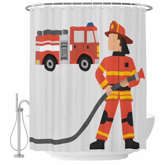 Firefighters Shower Curtain Set - Small 36" x 72" Washable Bathtub Curtain with 12 Hooks, Cartoon Red Uniform Fire Truck Grey Waterproof Fabric Stall Shower Curtains for Bathroom/Bathtub Décor
