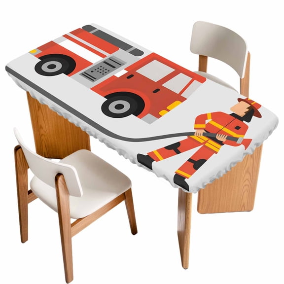 Firefighters Table Cloths for 6 Foot Rectangle Tables, Cartoon Red Uniform Fire Truck Grey Patio Waterproof Elastic Fitted Tablecloths, Washable Rectangular Table Cover for Camping