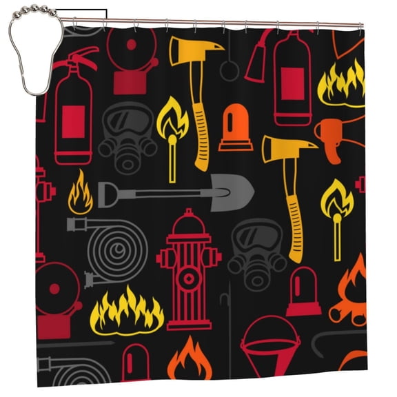 Firefighting Items Fire Firefighter Fighter Shower Curtain with 12 Iron Hooks Washable Polyester Fabric Bathroom 72x72 Inch