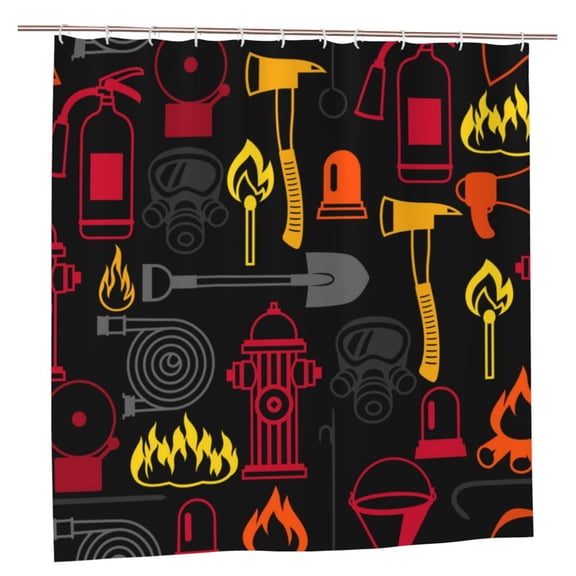 Firefighting Items Fire Firefighter Fighter Shower Curtain with 12 Plastic Hooks Washable Polyester Fabric Bathroom 72x72 Inch