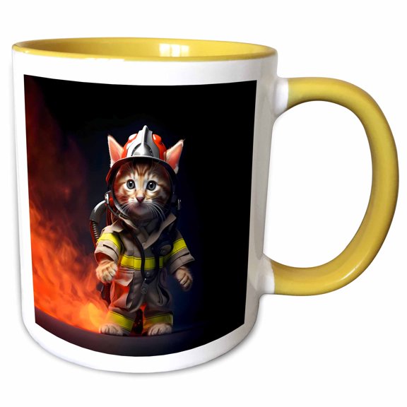 3drose, Firefighting Kitten in Firefighter Uniform, 15oz Two-tone Yellow Mug