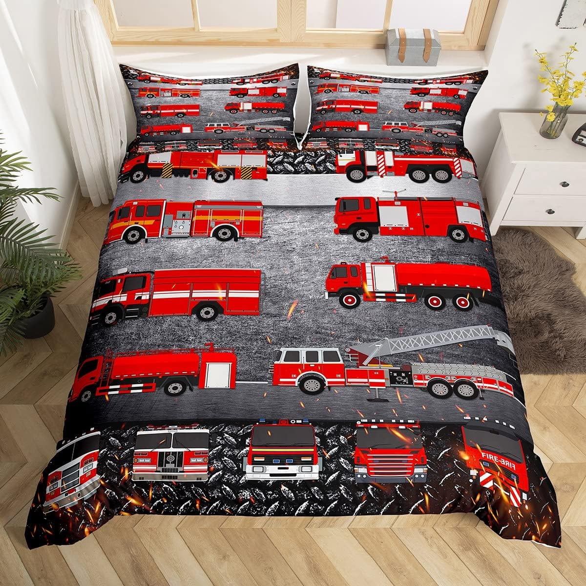 Firefighting Truck Duvet Cover Set Queen Size Red Fire Truck Fleece ...