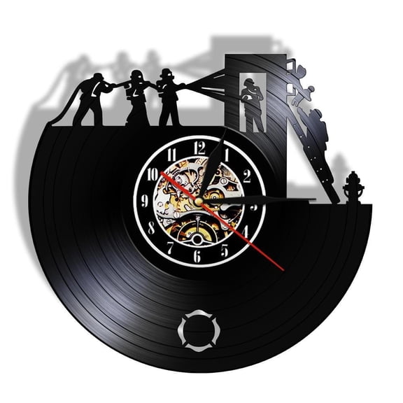 Firefighting Wall Art Clock Firemen Vintage Vinyl Record Wall Clock Fire Truck Time Clock Fire Dept. Wall Decor Firefighter Gift Without LED