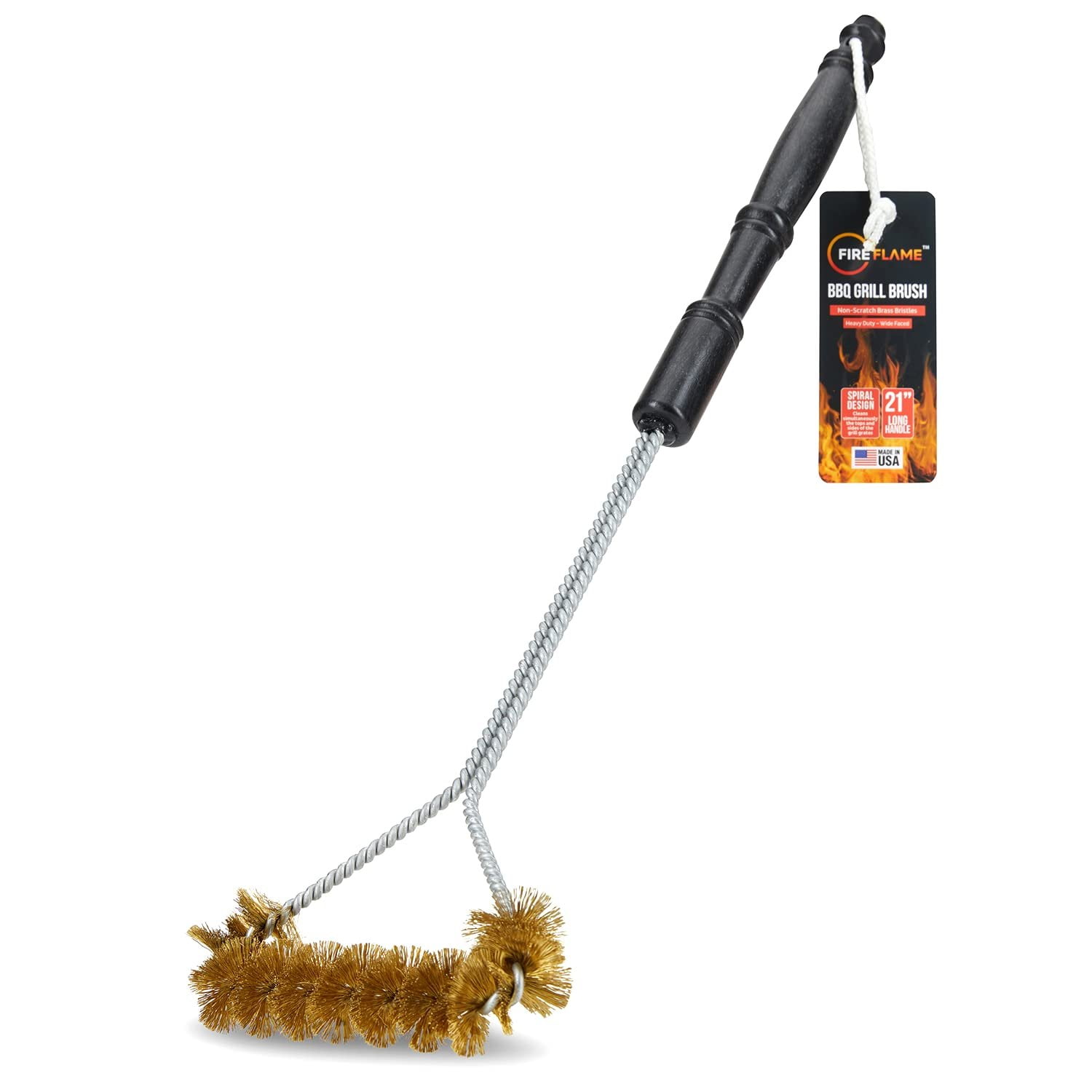 Fireflame BBQ Grill Brush  Non-Scratch Brass Bristles - 21-Inch Long Handle Barbecue Grill Cleaning Brush - Wide-Faced Spiral Heavy-Duty  Made in The USA