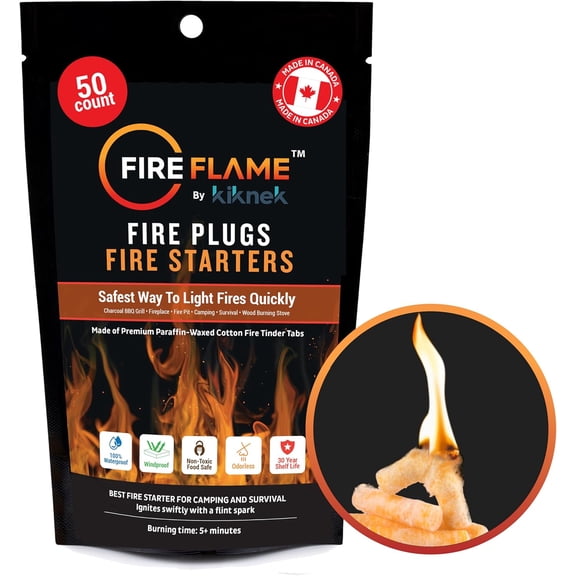 Fireflame Fire Plugs Fire Starter - Quick Instant 100% Waterproof Firestarter for Emergencies, Survival, Campfires, Fire Pits, Charcoal Grill - All Natural, Odorless & Non-Toxic - 50 Plugs in Bag