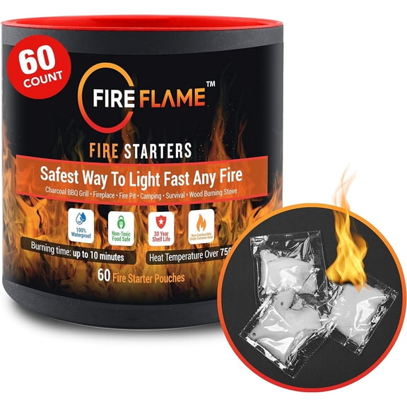 Fireflame Quick Instant Fire Starter - 100% Waterproof All-Purpose Indoor & Outdoor Firestarter, for Charcoal Starter, Campfire, Fireplace, BBQ - Odorless and Food Safe - 60 Pouches in Canister