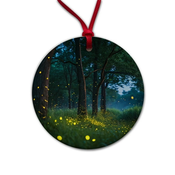 Fireflies At Night Christmas Tree Holiday Round Ceramic Ornament