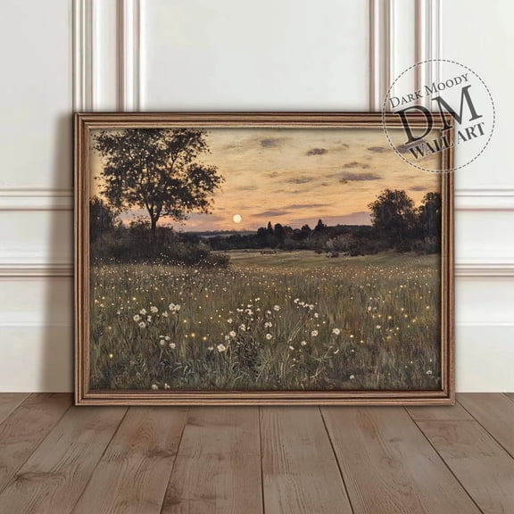 Fireflies Field In Twilight Moody Landscape Modern Wall Art Decor