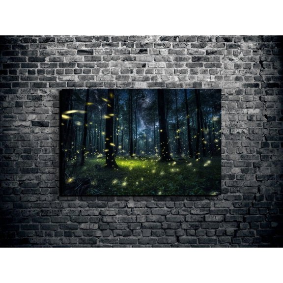 Fireflies Forest Night Wall Art Print, Starlit Nature Decor Unframed Paper Print