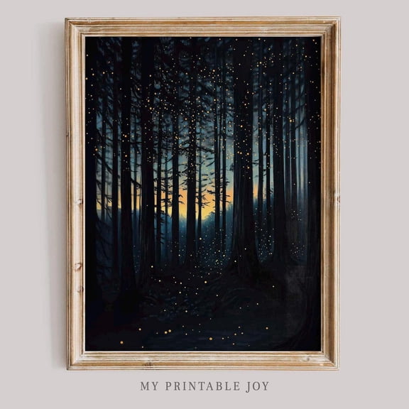 Fireflies in Forest Poster Poster Wall Art Dark Night Enchanted Woods Mystical Nature Scene for Cozy Home or Cottage Decor, Size 8x12 UNFFRAMED F03.1.7l1373