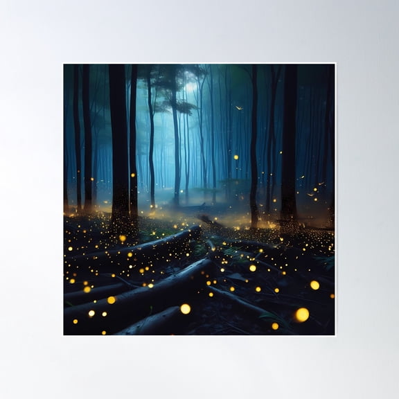 Fireflies In Dark Forest Poster Wall Art, Modern Wall Decor, 16x16 UNFRAMED