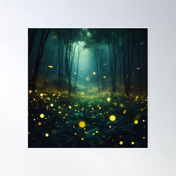 Fireflies In Dark Forest Poster Wall Art, Modern Wall Decor, 16x16 UNFRAMED
