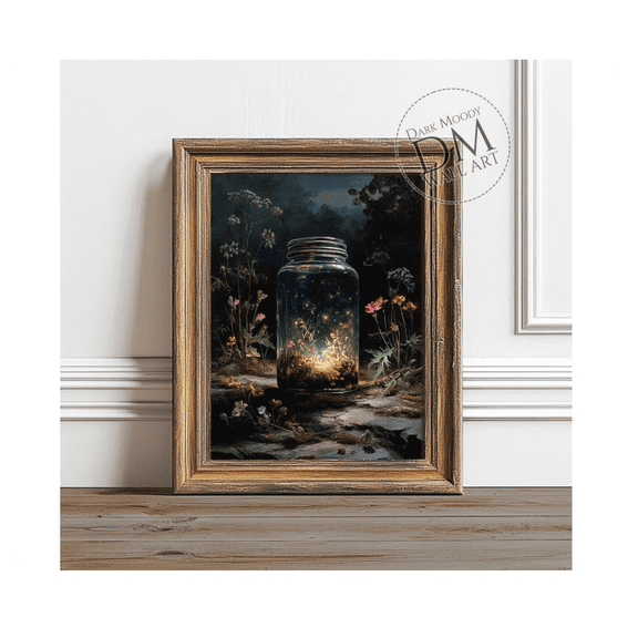 Fireflies In Glass Jar Among Wildflowers Dark Moody Wall Art Enchanted Nature Still Life Print Wall Art Modern Wall Decor