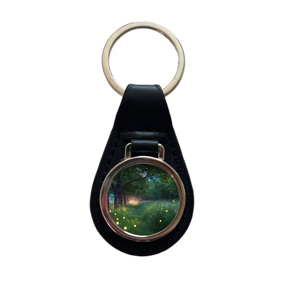 Fireflies In Nature Metal Black Leather Keychain
