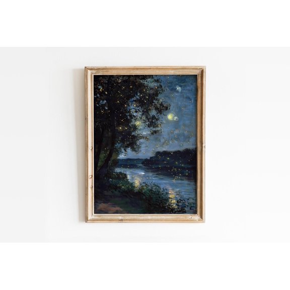 Fireflies Night Cottagecore Landscape Art, Unframed Paper Print Size 8x12