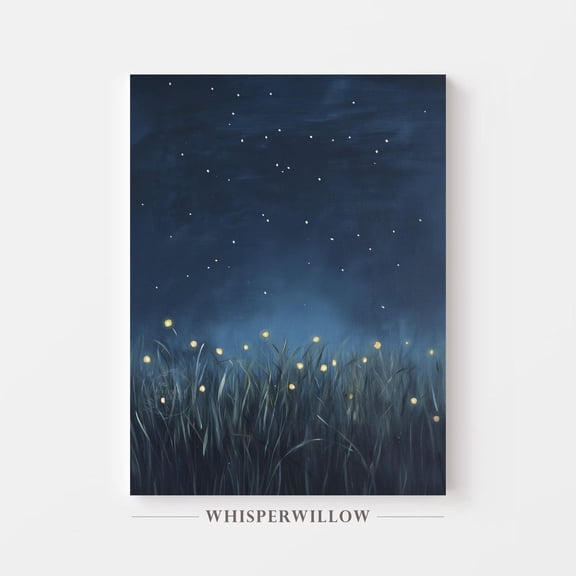 Fireflies Wall Art, Lightning Bugs and Starry Night Nature Decor, Dark Blue Twinkly Sky, Magical Nature Evening Unframed Paper Print