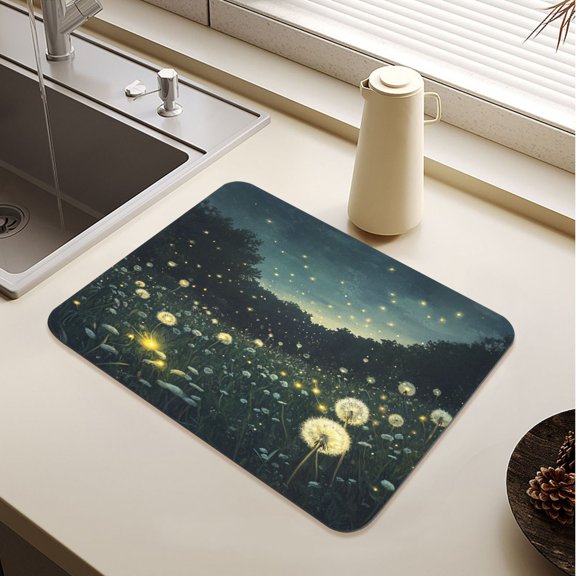 Fireflies in Dandelions Drying Mat Diatomaceous Earth Super Absorbent Non-slip Rubber Sole Heat Resistant 230 Degrees Fahrenheit 19.715.7in