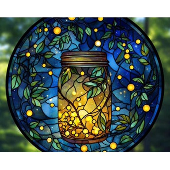 Fireflies in Forest Glass Suncatcher Enchanted Nature Scene Window Hanging Gift, 7.9 in