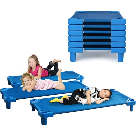 Fireflowery Toddler Daycare Cots, Stackable Kids Cots for Sleeping, Resting, Naptime Cot w/Easy Lift Corners, Great for Nursery, Preschool, Home, Pack of 6, Dark Blue