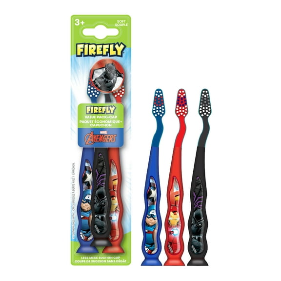 Firefly Avengers Kids Toothbrush Pack with Less Mess Suction Cup, Soft Bristles, Ages 3+, 3 Count