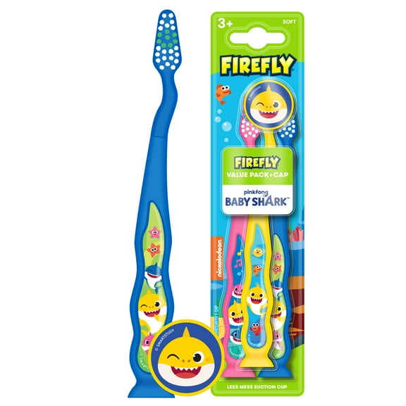 Firefly Baby Shark Toothbrushes with Suction Cup, Toothbrush Cap, Ages 3+, 3 Count