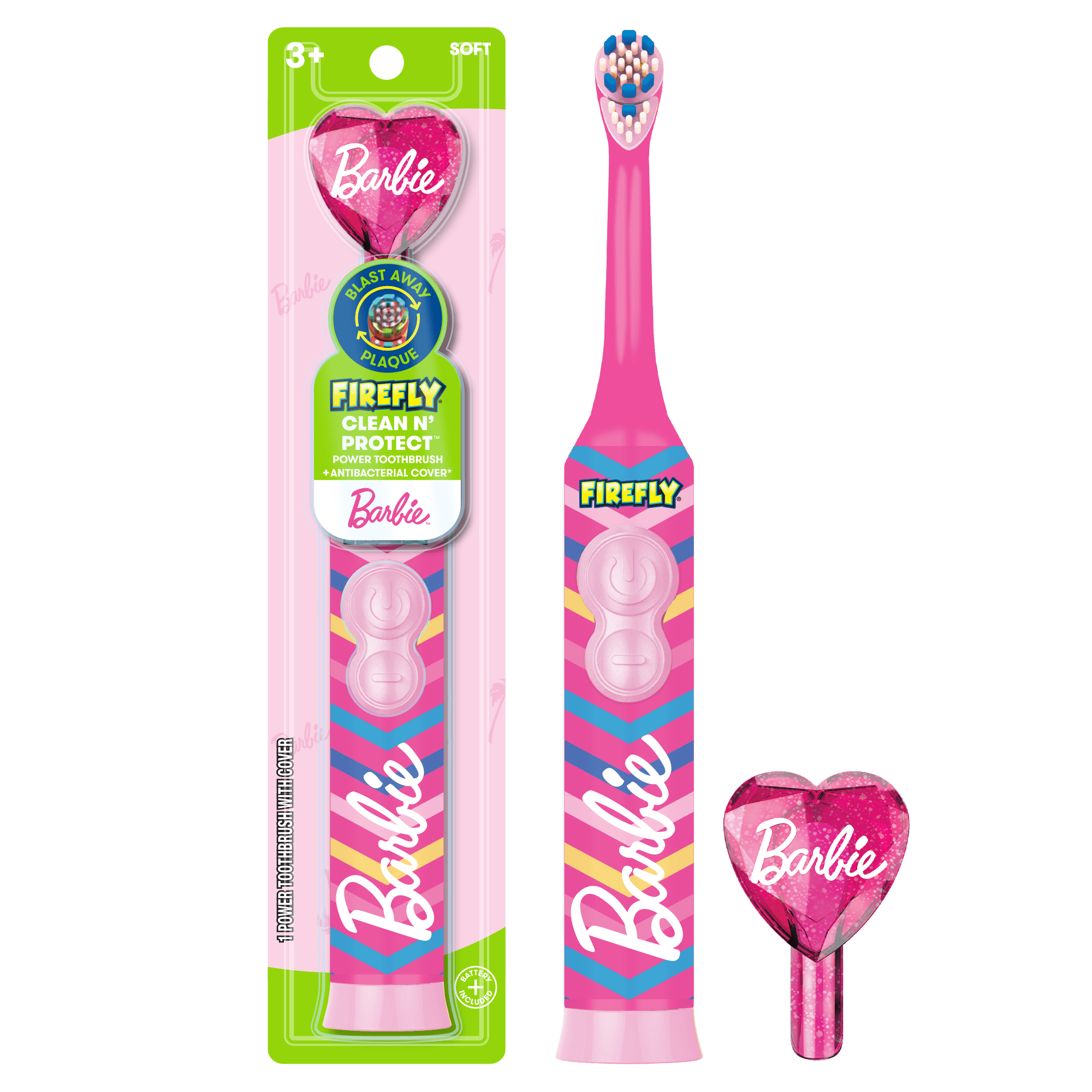 Firefly Clean N' Protect Barbie Toothbrush with Antibacterial Cover, Soft Bristles,  Battery Included, Ages 3+, 1 Count