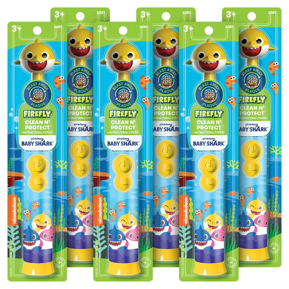 Firefly Clean N' Protect, Baby Shark Toothbrush with 3D Antibacterial Character Cover, Soft Compact Brush Head, Ergonomic Handles for Small Hands, Battery Included, Ages 3+, 1 Count, Pack of 6