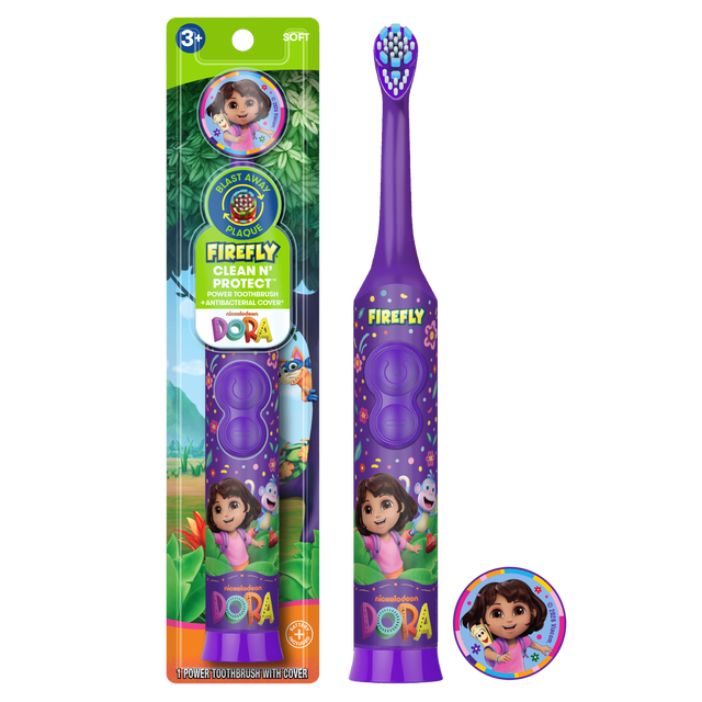 Firefly Clean N' Protect, Dora The Explorer Toothbrush with Antibacterial Character Cover, Soft Bristles, Anti-slip Grip Handle, Battery Included, Ages 3+, 1 Count