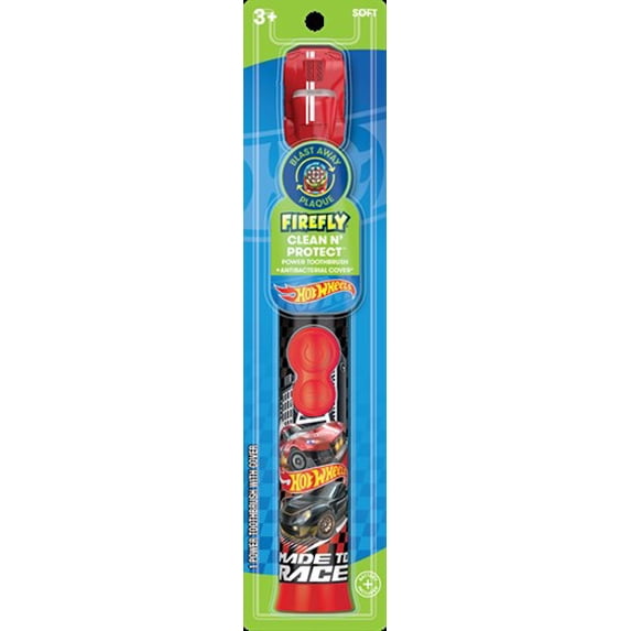 Firefly Clean N' Protect Kids Hot Wheels Power Toothbrush with Antibacterial Cover, Soft Bristles