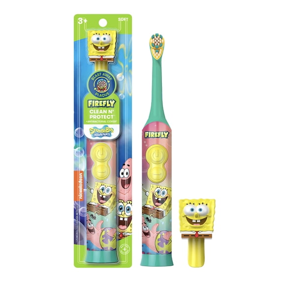 Firefly Clean N' Protect, SpongeBob SquarePants Toothbrush with Fun 3D Antibacterial Character Cover, Soft Compact Brush Head, Ergonomic Handles for Small Hands, Battery Included, Ages 3+, 1 Count