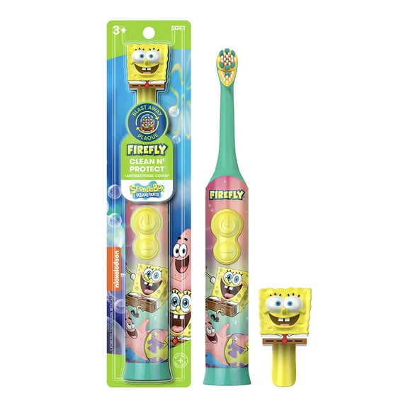 Firefly Clean N' Protect, SpongeBob SquarePants Toothbrush with Fun 3D Antibacterial Character Cover, Soft Compact Brush Head, Ergonomic Handles for Small Hands, Battery Included, Ages 3+, 1 Count